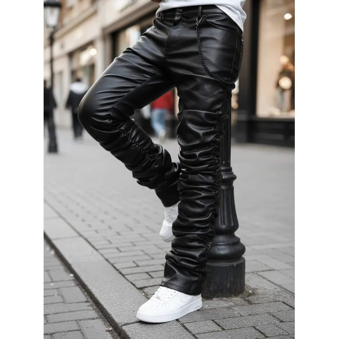 Men's Punk-Inspired Ruched Stacked Black Leather Pants - Plain, Full-Length, Stitched Detail, Menswear Bottoms