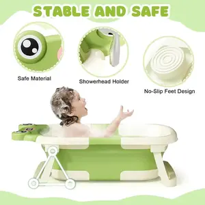 An Baby Bath Tub with Bath Cushion Foldable Bathtub with Thermometer Shower Cap Shower Brush for Newborn and Toddler 0-36 Months