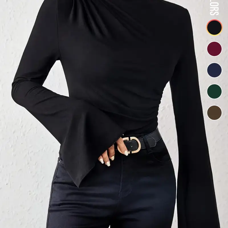 Women's Plain Ruched Flounce Sleeve Tee, Elegant Long Sleeve Stand Collar T-Shirt for Spring & Fall, Womenswear, Women's Top for Daily Wear, Everyday Wear Tops