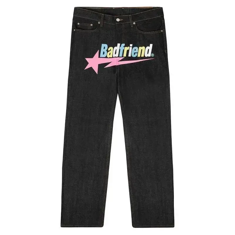 Men and women street hip-hop jeans loose bad friend letter printed denim pants Harajuku fashion punk street wear wide legs skinny jeans Men and women street hip-hop jeans loose bad friend letter printed denim pants Harajuku fashion punk street wear wide legs skinny jeans