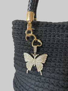 EME Handmade Legacy Women's Handheld Mini Purse - Lightweight Crochet-Look Bag, Black Luxury Top Handle with Butterfly Charm, Artisan Statement Piece for Everyday Wear, Jewel Decoration
