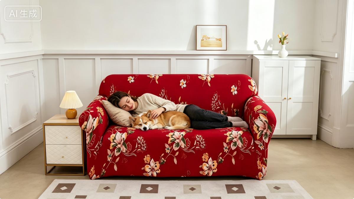 Bold Red Floral Stretch Sofa Cover | Form-Fitting Slipcover for Boho & Cottage Vibes