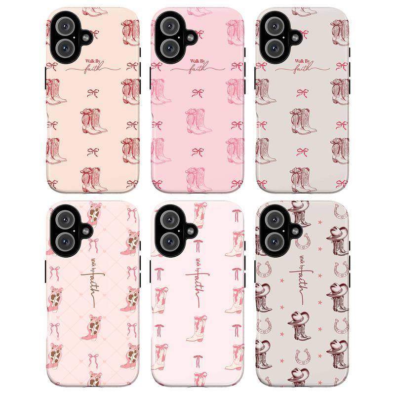 "Walk By Faith" Christian Cowgirl Phone Case Collection – Cute Coquette Pink Bows & Cowboy Boots, Bible Verse Quote, Southern Country Vibe, Faith Art  Cover for iPhone 17 Pro Max 16 15 14 Plus & Samsung Galaxy S25 S24 S23 S22 S21 Ultra
