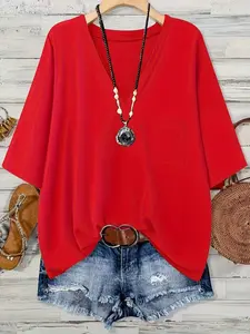 Plus Size – Women’s Plus Size V-Neck Loose Top with Pockets – White, Red; Casual Summer Short-Sleeve Top made from comfortable, soft fabric; stylish and slimming women’s T-shirt with pockets; suitable for beach casual wear, home, and commuting.