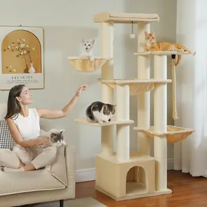 66.5" Cat Tree for Large Cats, Tall Cat Tower for Indoor Large Cats with Oversized Top Perch, 1 Large Cat Litter Box, 3 Hammocks, Scratching Post