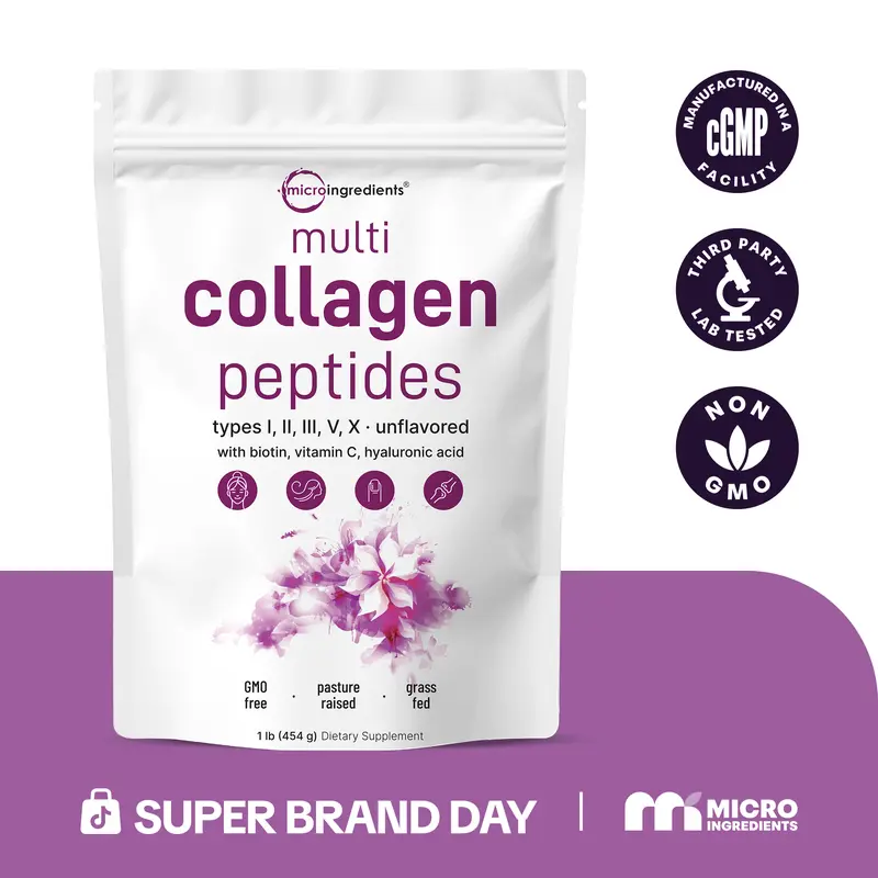 Micro Ingredients Multi Collagen Peptides Powder - Hydrolyzed Protein Peptides (Type I,II,III,V,X) with Hyaluronic Acid, Biotin & Vitamin C Unflavored