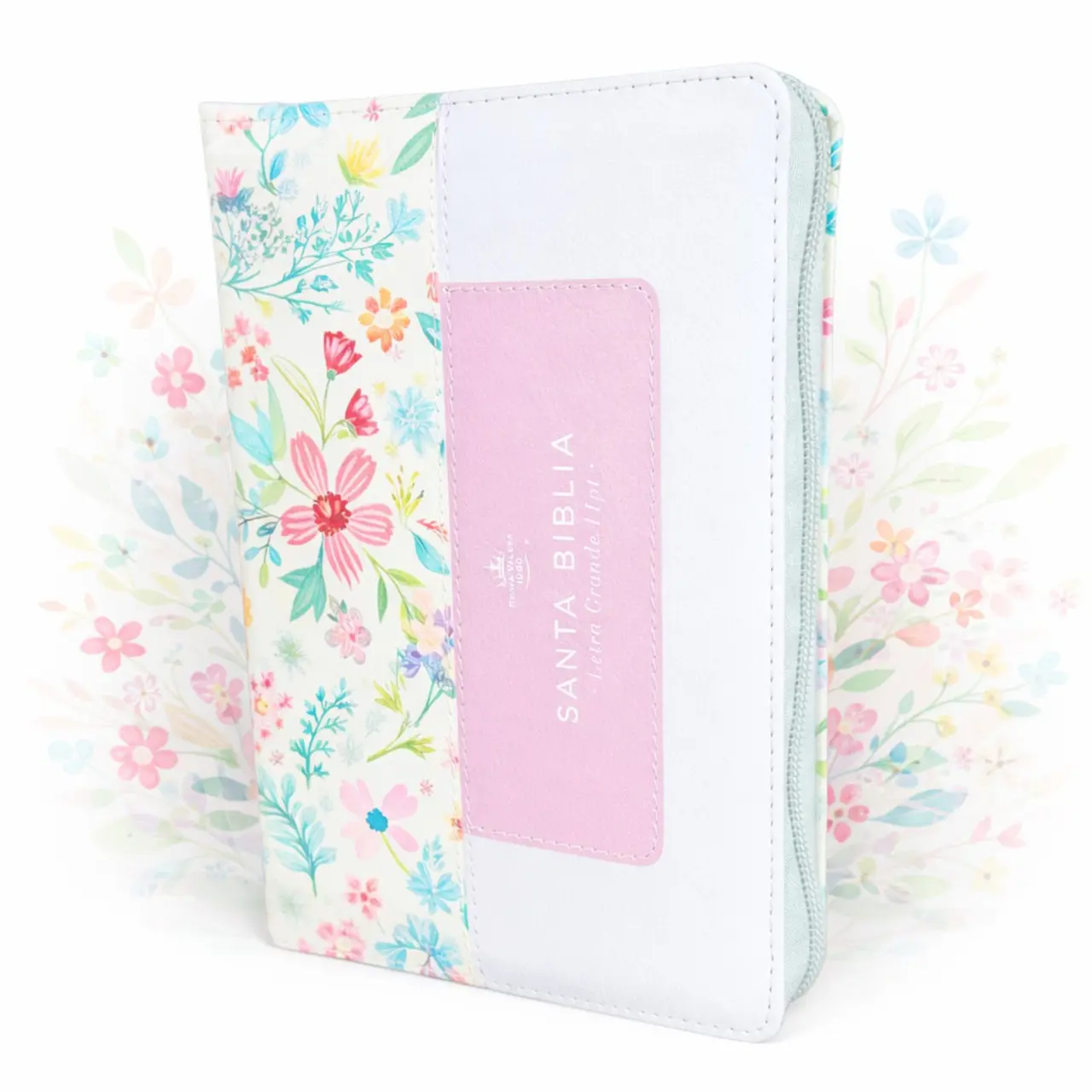 Biblia con Cierre Portátil Letra Grande 12 puntos RV1960, imit piel duotono blanco y rosa floral con índice