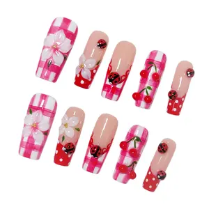 Pink Plaid Handmade Press On Nails Kit 10 pcs, Long Square False Nails with 3D Flower, Ladybug & Cherry Design, Sweet Coquette Reusable Fake Nails for Women Summer Style Nail Set
