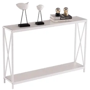 X-Frame 2-Tier Console Table with White Wood Grain Finish, 43.3 Inch Entryway Sofa Side Table, 50LBS Capacity Hallway Display Stand