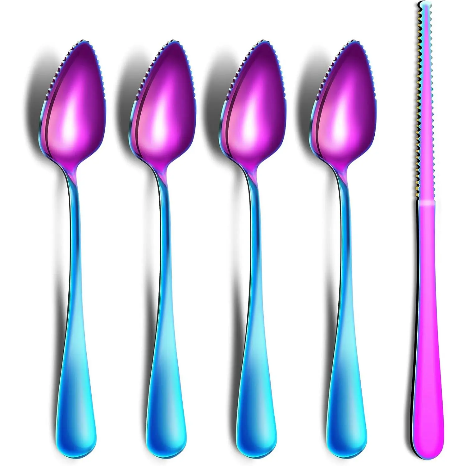 Grapefruit Spoons &  Set, Stainless Steel Utensils With Serrated Edge & Thick Gauge Handle, Rainbow Kitchen Tool, Non-stick  for Kiwi, Dessert,  (5 PCS)