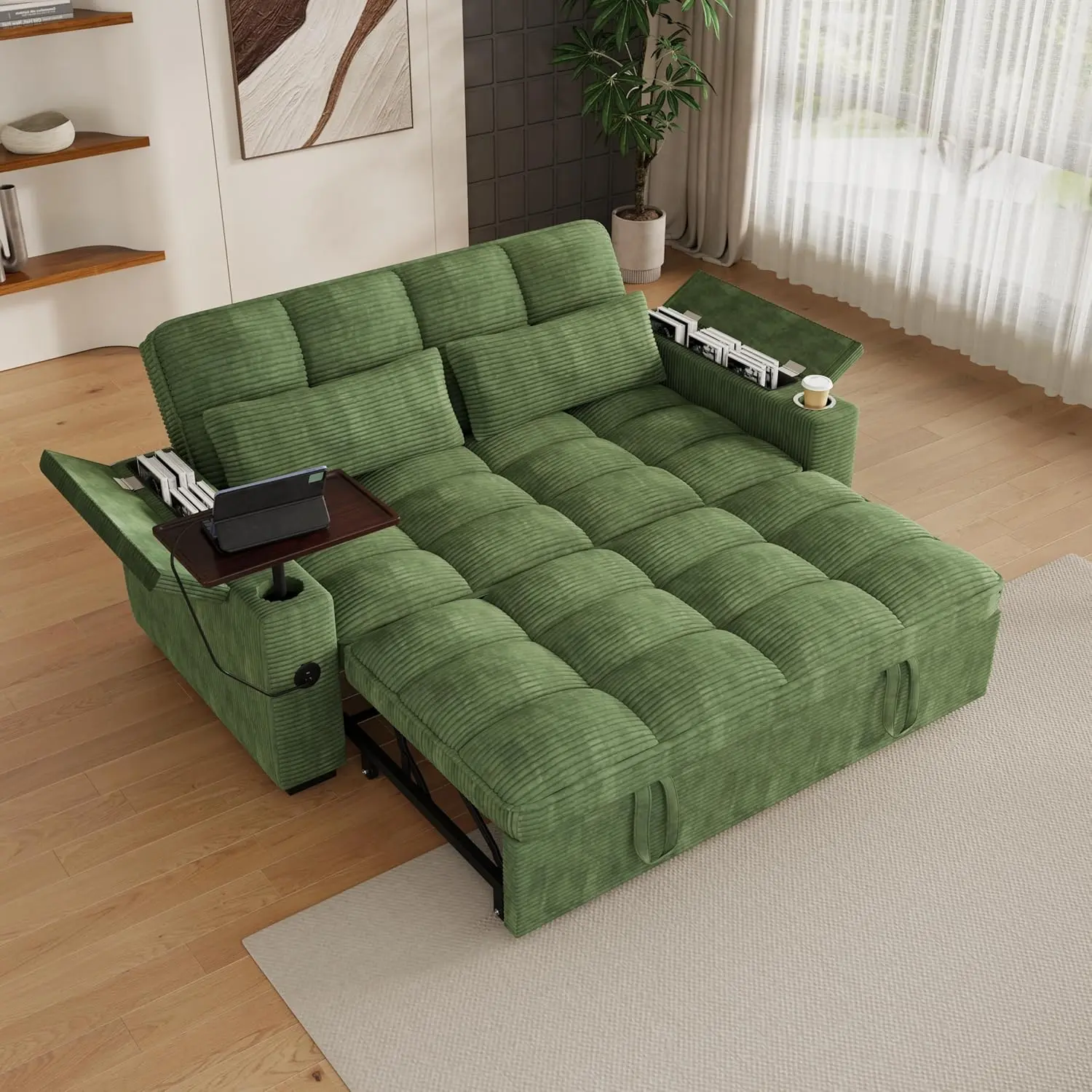 65" Modern Corduroy 3-in-1 2-Seater Convertible Queen Sofa Bed Loveseat Sleeper with Pull-Out Bed, Fixed Arms, 360° Swivel Side Table, USB Charging Ports, Small Living Room Indoor Furniture