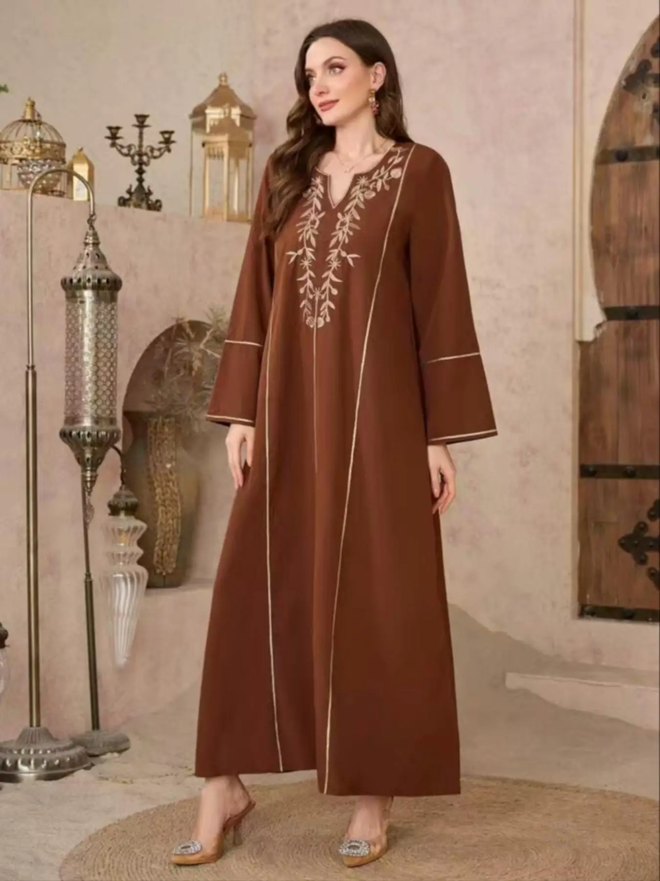 Women's Embroidery Long Sleeve Dress, Modest Casual V Neck Dress for Daily Wear, Ladies Islamic Clothing for All Seasons, Modesty Abaya
