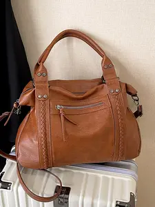 Simple classic retro brown woven trim shoulder handbag, multiple zipper pockets rivet decoration design practical commuter bag, niche old texture fashion trend versatile, casual woven splicing suitable for daily travel, fashionable shoulder bag, etc.