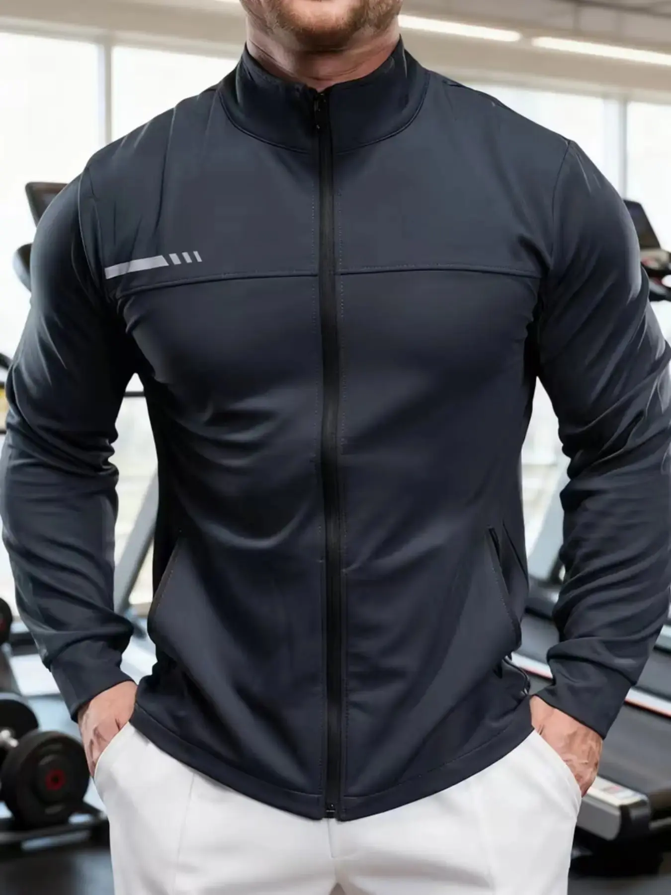 Trendy Men's Sports Fitness Long Sleeve Running Jacket, Zip Front Jacket, Spring Summer Quick Dry Compression Top for Active Training Wear, Workout Jacket, Workout ClothesGift.