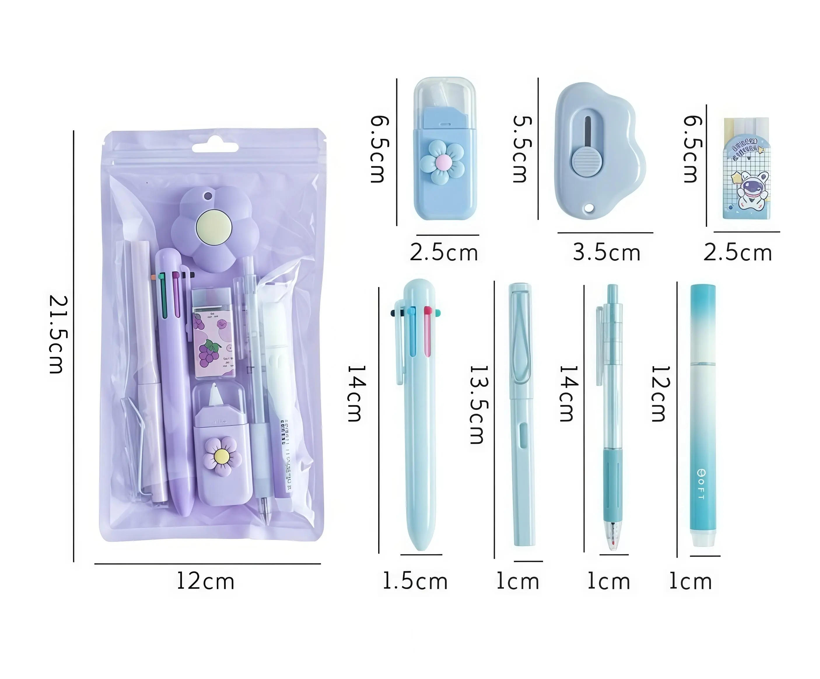 6PCS Kawaii Pastel Stationery Set - Cute Pen & Accessory Kit with Flower Cutter, Eraser, Correction Tape, Multicolor Pens - School Supplies for Students, Ideal Gift