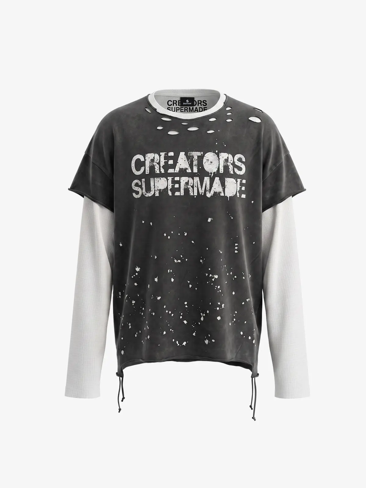 Thesupermade Faux Two-Piece Splatter Print Faux Fur Long Sleeve Top | Cropped Drawstring Streetwear Jacket Men Women
