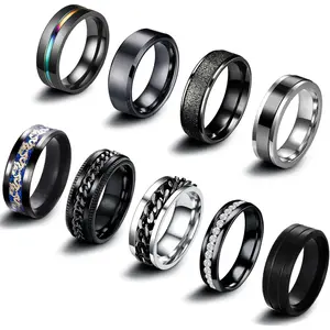 9Pcs Stainless Steel Band Rings for Men and Women-Cool Fidget Spinning Chain Rings for Anxiety Relief-Fashion Simple Wedding Engagement Black Ring Set