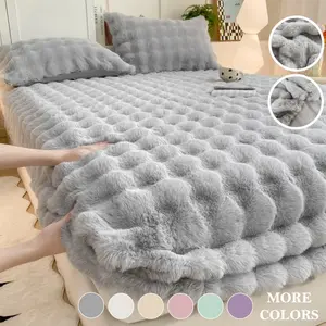 1pc New Bubble Fleece Milk Velvet Fitted Sheet & Bed Skirt Set – Solid Color Ultra Soft Skin-Friendly Faux Rabbit Fur, Machine Washable, Includes Pillowcase, Perfect for Bedroom, Guest Room, Dorm, Kids, Pets, Elderly & Hotels
