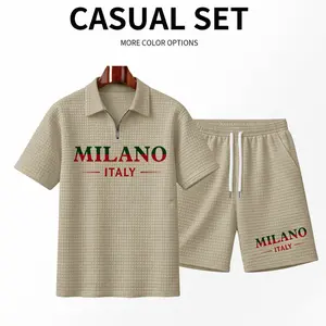 Men's Milan Print Zip-Up Short-Sleeved Polo Shirt And Shorts Set, A Two-Piece Summer Casual And Athletic Outfit. Features A Solid Color Textured Fabric, Breathable And Comfortable, With A Classic Zip-Up Collar Design. A Stylish And Practical Everyday Wear