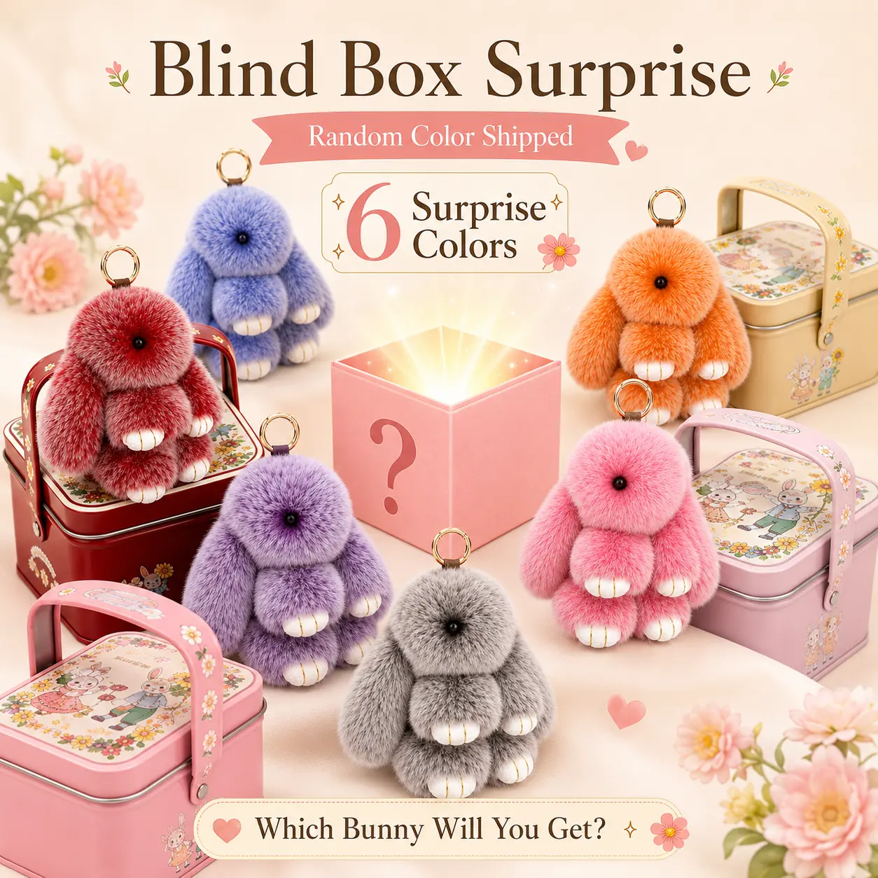 BunnyLulu Blind Box Fluffy Bunny Keychain with Tin Box, Random Color Plush Rabbit Bag Charm for Backpack Purse Keys, Cute Mystery Gift for Easter Birthday