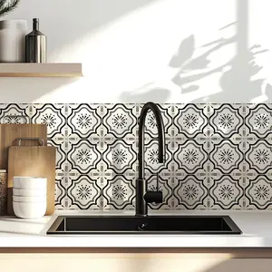 30 Count Moroccan Tile  4 in - Self Adhesive Vinyl Wall Stickers,  Peel & Stick for Kitchen Backsplash, Bathroom, Stair Tread Accent, Neutral Tan/Black (Black)