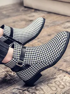 Men's Houndstooth Pattern Buckle Ankle Fashion Boots, Business Style Pointed Toe Boots for Daily Wear, Fashion Shoes for Party, Daily Clothing Decor, Formal Boots