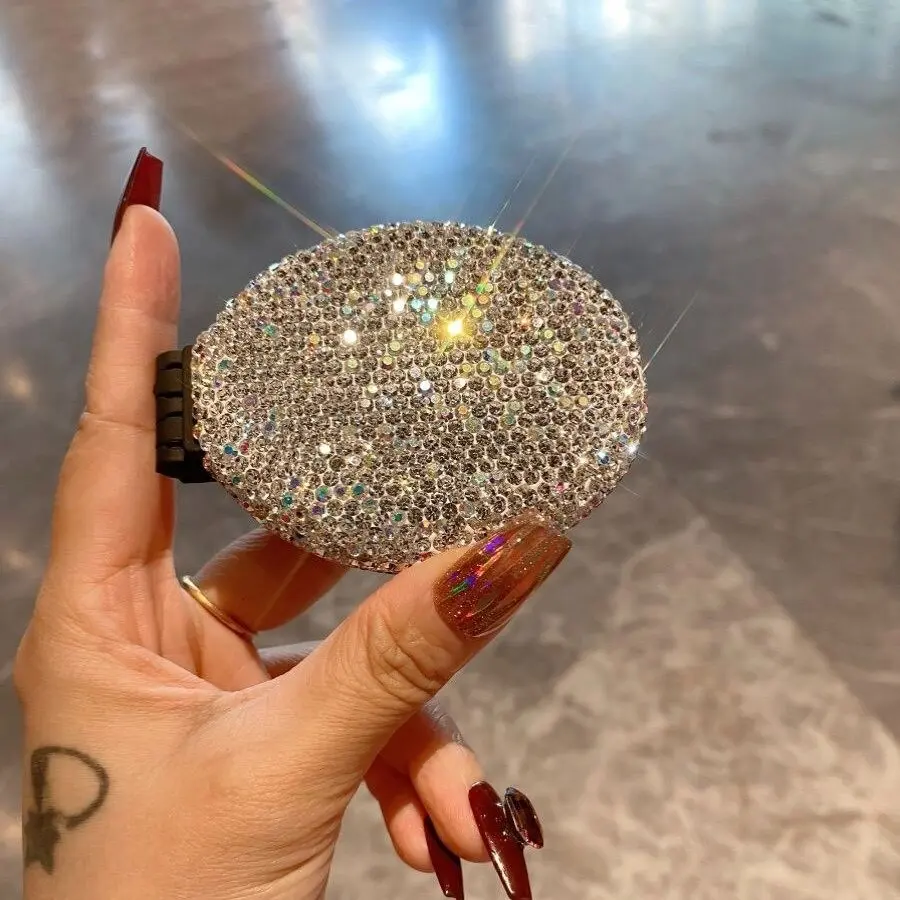 Rhinestone Decorated Oval Air Cushion Comb, Portable Foldable Elegance Hair Brush with Mirror, Scalp Massage Comb for Women & Girls