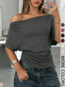 Women's Summer Autumn Plain Casual Asymmetrical Shoulder Batwing Sleeve Knit T-Shirt, Loose Fit Drop Shoulder Short Sleeve Top, Womenswear