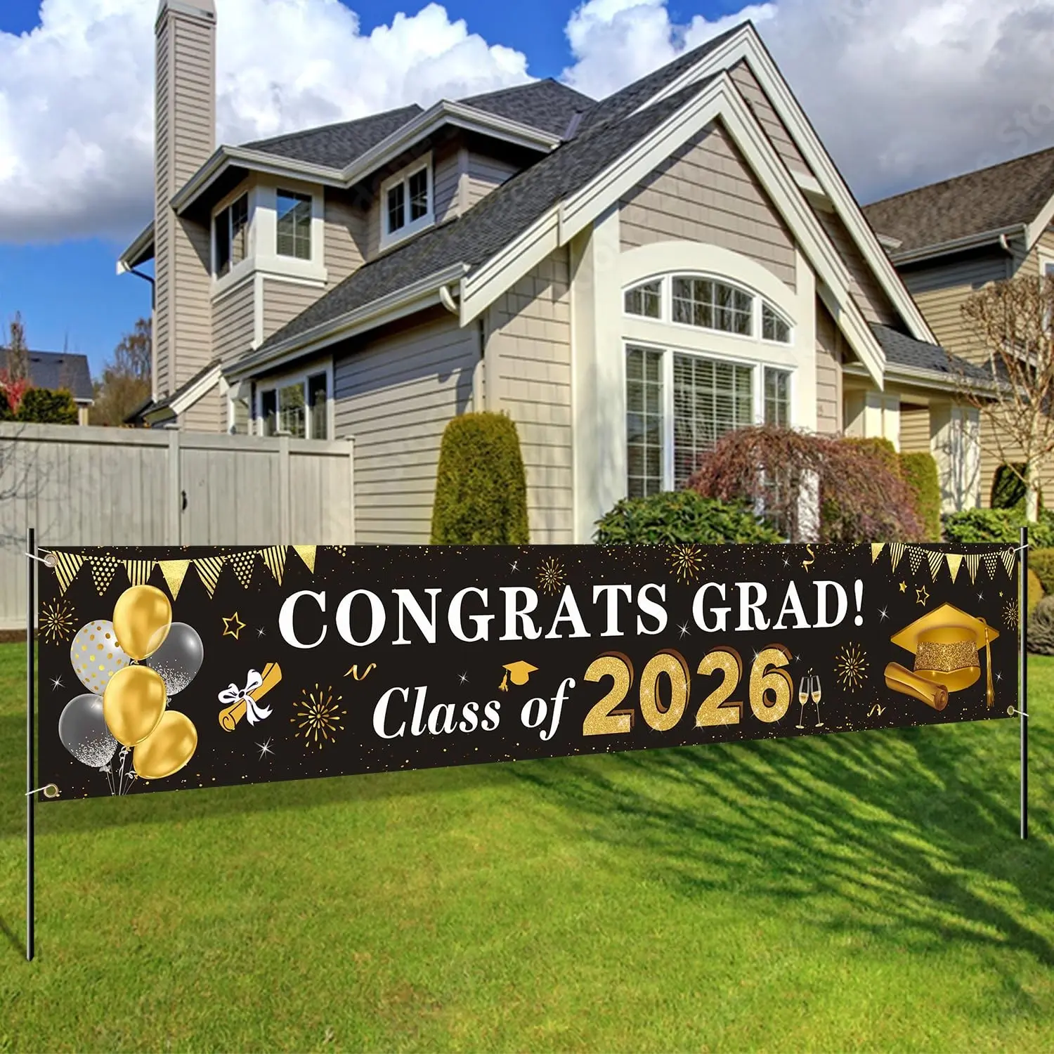 2026 Graduation Decorations | Congratulations to the Class of 2026 | Banners | Polyester Flat Banner | Standing Banner | Black and Gold Graduation Courtyard Signs | Indoor and Outdoor Backdrop Decorations | 2026 Graduation Party Supplies