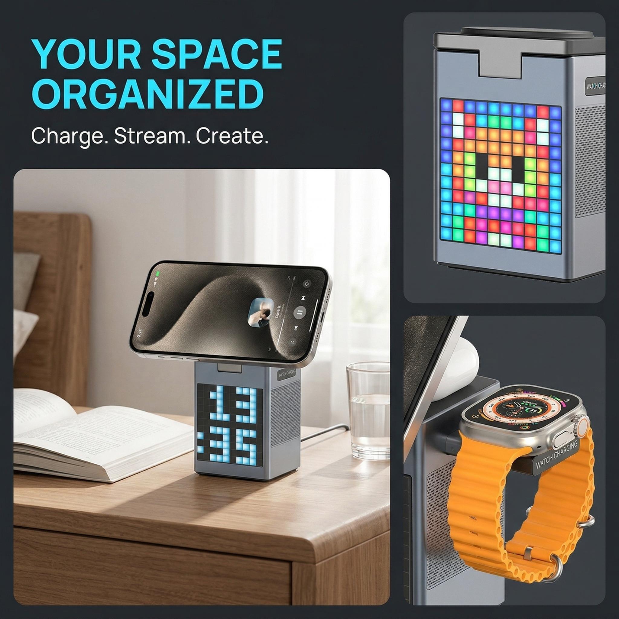 6-in-1 Charging Station for Apple Devices, 15W Magnetic Wireless Charger Stand with Bluetooth Speaker, Digital Alarm Clock, Pixel Display, Compatible with MagSafe iPhone Series, Apple Watch & AirPods - March Madness, Spring Break, World Cup, Easter 6-in-1 Charging Station for Apple Devices, 15W Magnetic Wireless Charger Stand with Bluetooth Speaker, Digital Alarm Clock, Pixel Display, Compatible with MagSafe iPhone Series, Apple Watch & AirPods - March Madness, Spring Break, World Cup, Easter