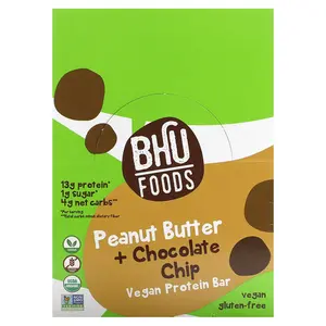 BHU Foods Vegan Protein Bar, Peanut Butter + Chocolate Chip, 12 Bars, 1.6 oz (45 g) Each