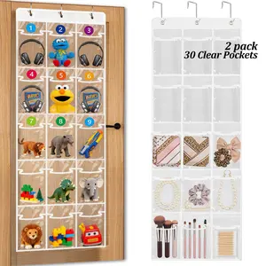 TAYTUU 2 Pcs Over The Door Hanging Storage Organizer, 30 PVC Clear Organizer Holder Pockets with 6 Hooks, Digital Stickers, Closet Door Hanger, Hangable Pouch Door Storage for Bathroom, Cloakroom, Library, Classroom