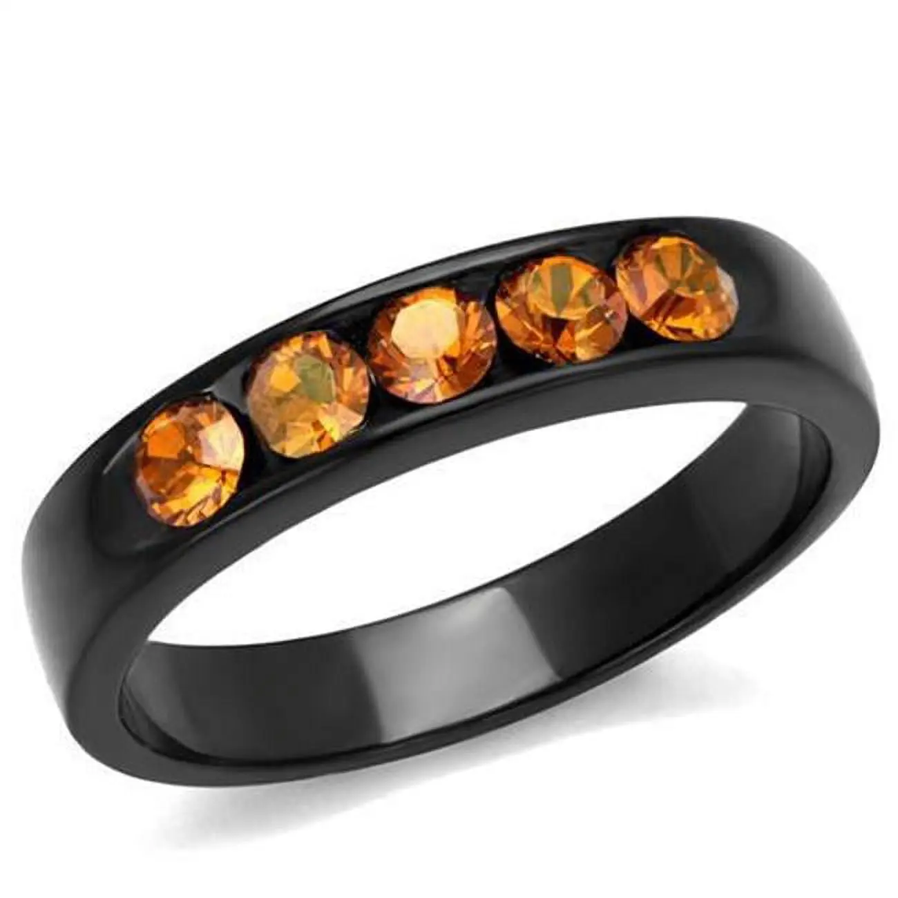 212 MAIN Women's Exquisite Trendy Stackable IP Black Stainless Steel Ring - Size 7, Adorned with Top-Grade Champagne Crystals, Exquisite Trendy Ring, Decorated Ring