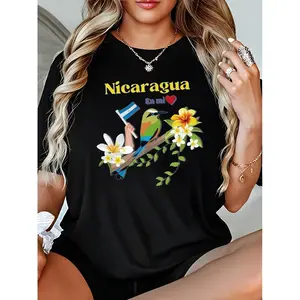 Women's 100% Cotton Fitted Graphic Print Round Neck Shortsleeve Tshirt, Nicaragua-Patterned Casual Clothes, Machine Washable for Spring Summer