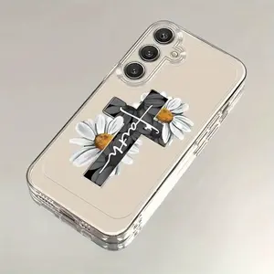 A Fully Encased TPU Phone Case Featuring a Cross And Chrysanthemum Design, Compatible with for samsung for galaxy S25/S24/S23/S22/S21 Ultra, Plus, FE,Through A75.Compatible with iPhone 13