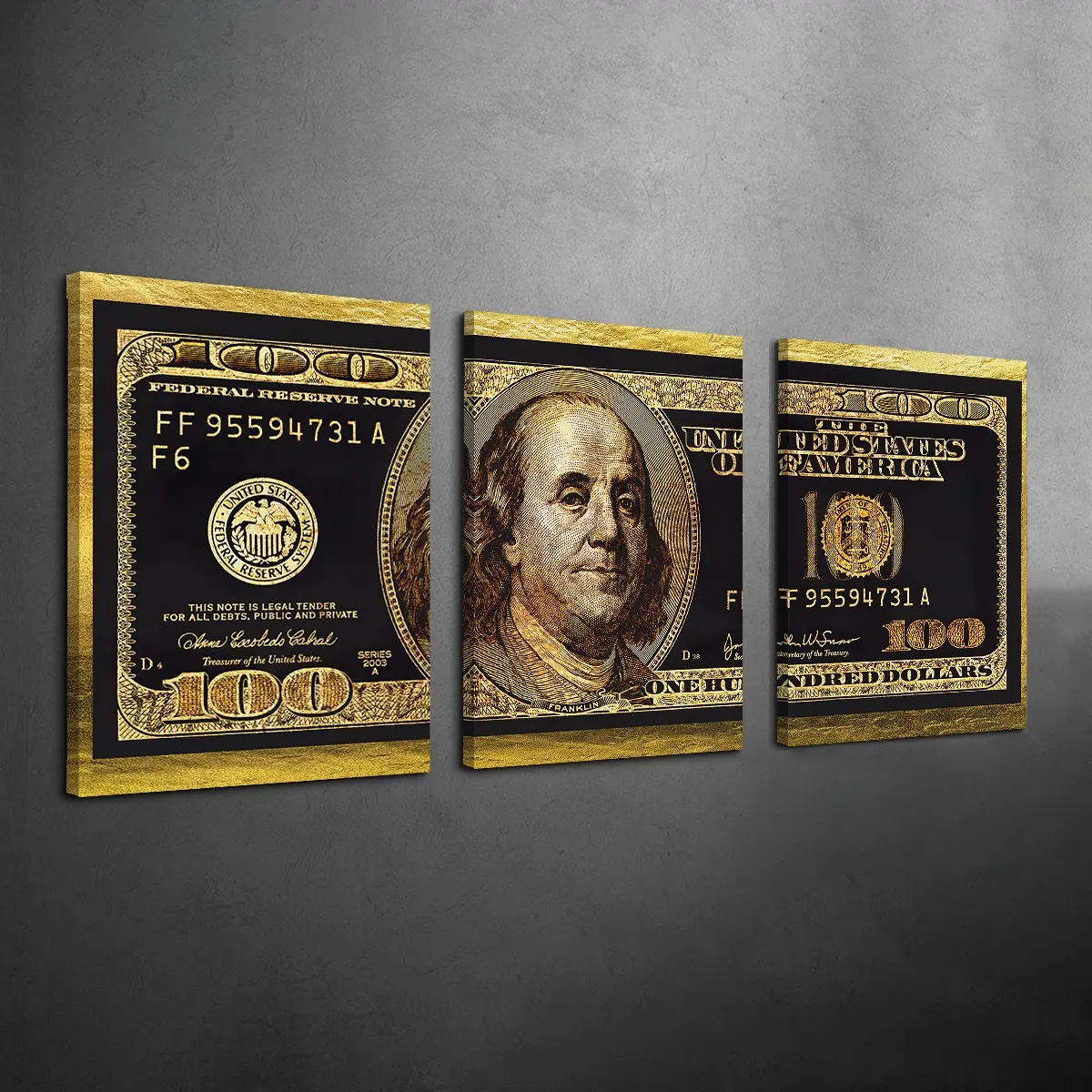 3Counts/Set Framed Gold and Black Dollar Bill Canvas Poster, Art Print, Artwork, Money Wall Art, Ready To Hang, 100 Dollar Bill Art, Benjamin Franklin Dollar Wall Decor, Wall Decor Pictures, Wall Painting, Wall Picture for Home & Office, Decoration Items