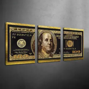 3Counts/Set Framed Gold and Black Dollar Bill Canvas Poster, Fine Art Print, Money Wall Art, Ready To Hang, 100 Dollar Bill Art, Benjamin Franklin Dollar Wall Decor, Artwork Wall Painting For Gift, Wall Picture for Home & Office, Decoration