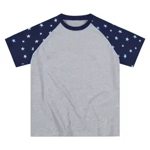 New summer crew-neck short-sleeve T-shirt featuring star patch shoulder sleeves—trendy brand design; unisex pure cotton short-sleeve for home wear.