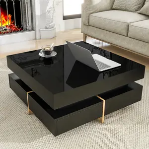 Square Coffee Table with 4 Drawers, Multi-Storage Cocktail Tea Table, Modern High Gloss Coffee Table with Wood Grain Legs, Center Table for Living Room, 31.5''x31.5'', Black