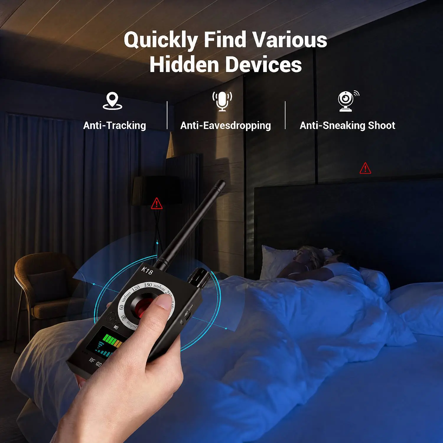 V18 Model Durable Magnetic Beginner-Friendly Triple Detection Hidden Camera Detector - Anti-Spy Camera Finder, GPS Tracker Detector for Hotel Safety, Home Protection (Black)
