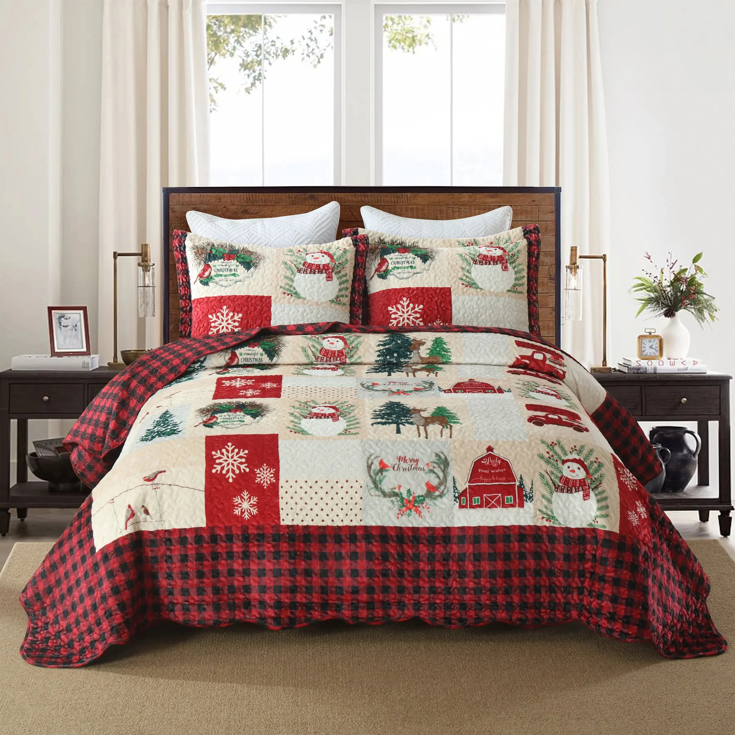 Velvet Fabric Christmas Snowman Quilt Bedspread Set (3-Piece) - Wrinkle Resistant, Breathable, Fade Resistant All-Season Soft Cozy Coverlet with 2 Matching Shams, Ideal Holiday Gift, Print