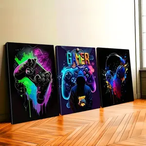 3PCS Game Wall Art Set - Wooden Frame Canvas Print, Electronic Game Controller and Earphones - Glossy Retro Game Decoration, Vintage Room Decor for Living Room, Bedroom, Game Room - Ideal Game Gift for Boys