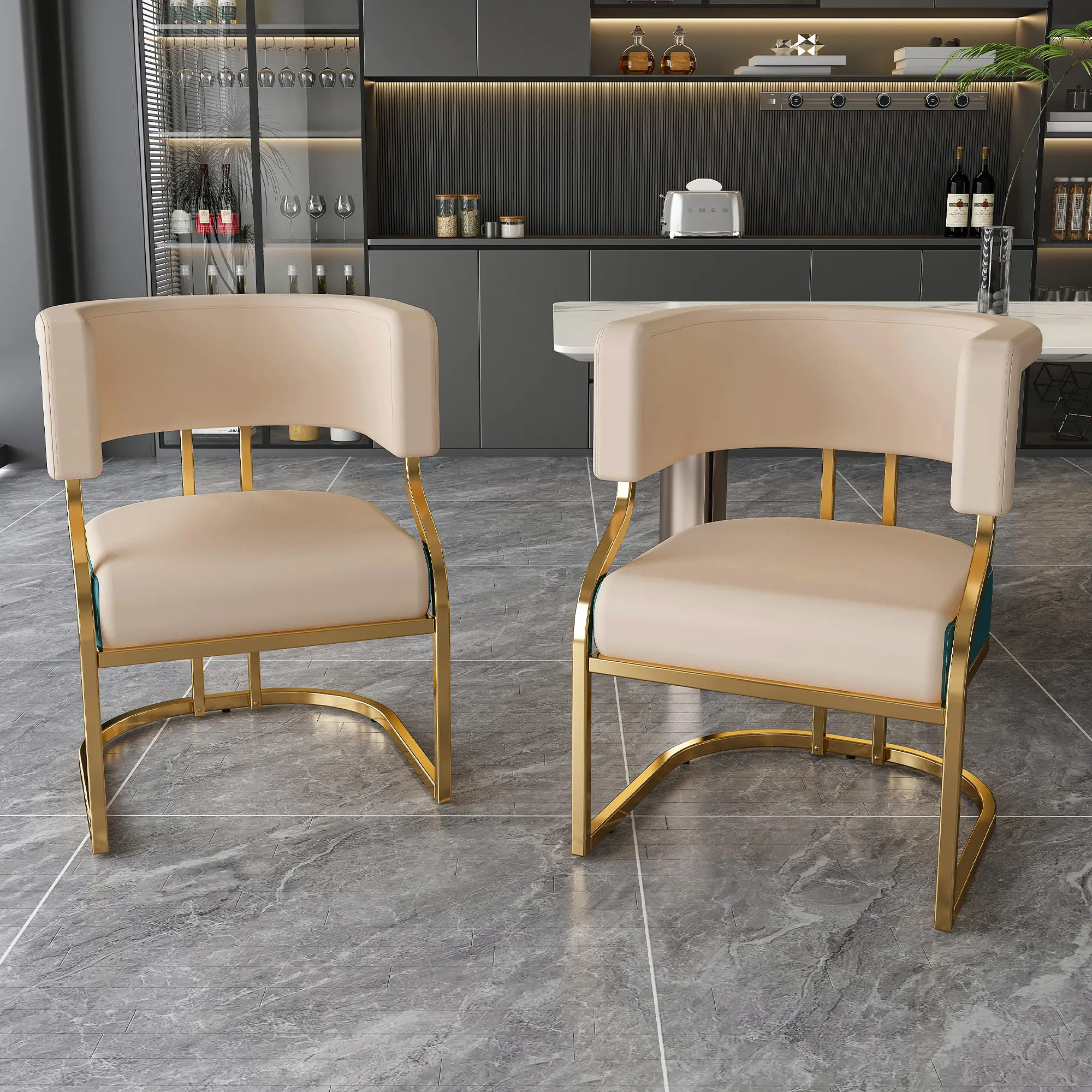 Glam Armless Dining Chairs Set of 2, Modern Light Luxury PU Leather Accent Chairs with Gold Metal Frame, Ergonomic Curved Backrest for Kitchen, Cafe