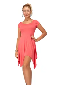 TGIF Women's Mini Dress Coral & Turquoise Casual Short Sleeve Handkerchief Hem Sundress Machine Washable Made in USA