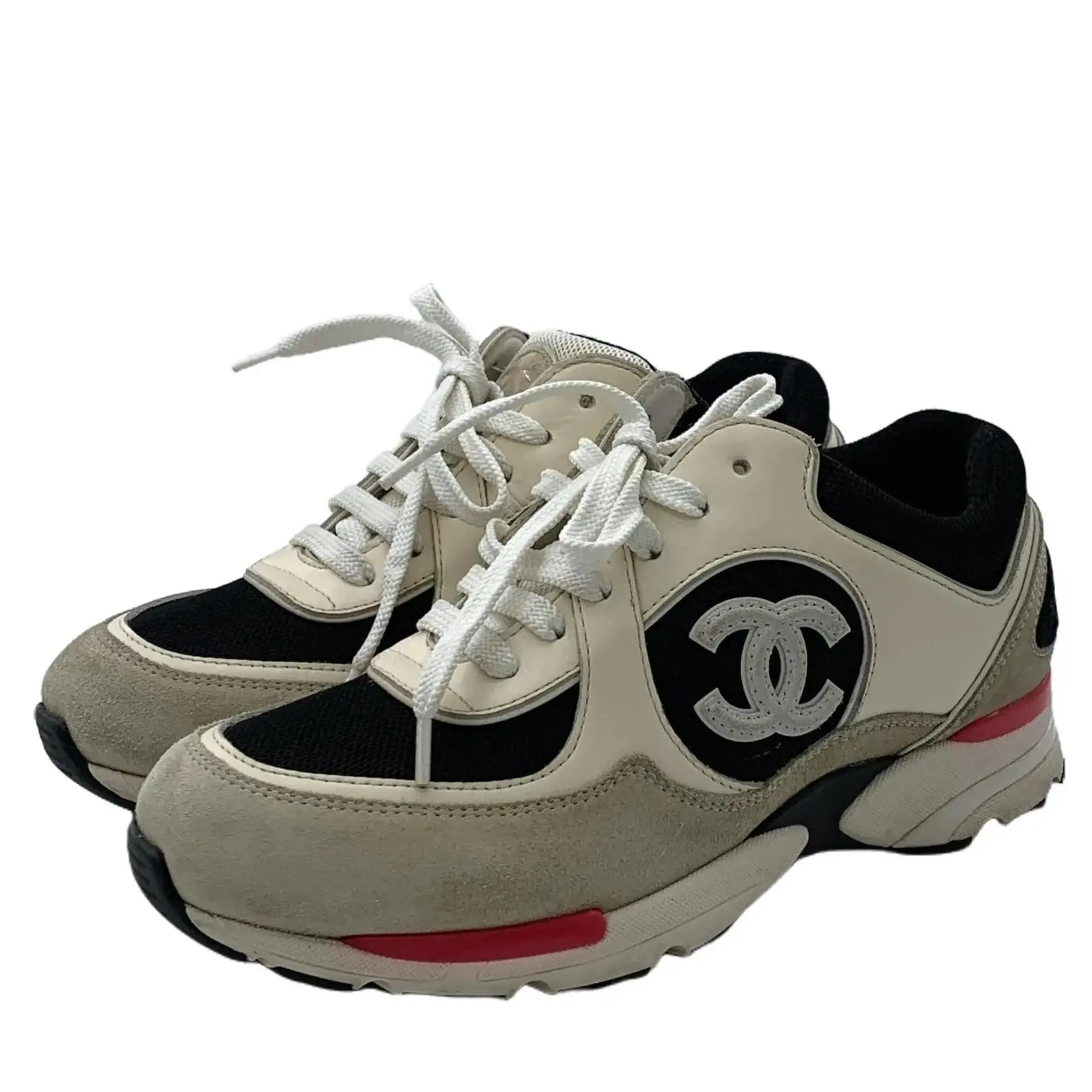 RDLT-Chanel Size 38 Color-block CC Embroidered Lace-up Flat Sneakers-H36874