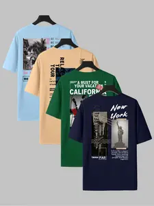 Men's Letter & Geometric Print Round Neck Casual Style Tee, Regular Fit Casual Printed Short Sleeve T-shirt for Summer, Men's Top for Daily Wear, Casual Streetwear Top, Casual Fashion Clothing, Tropical