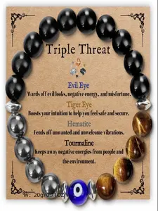 Triple Protection Bracelet for Men | Evil Eye Tiger Eye Hematite Tourmaline