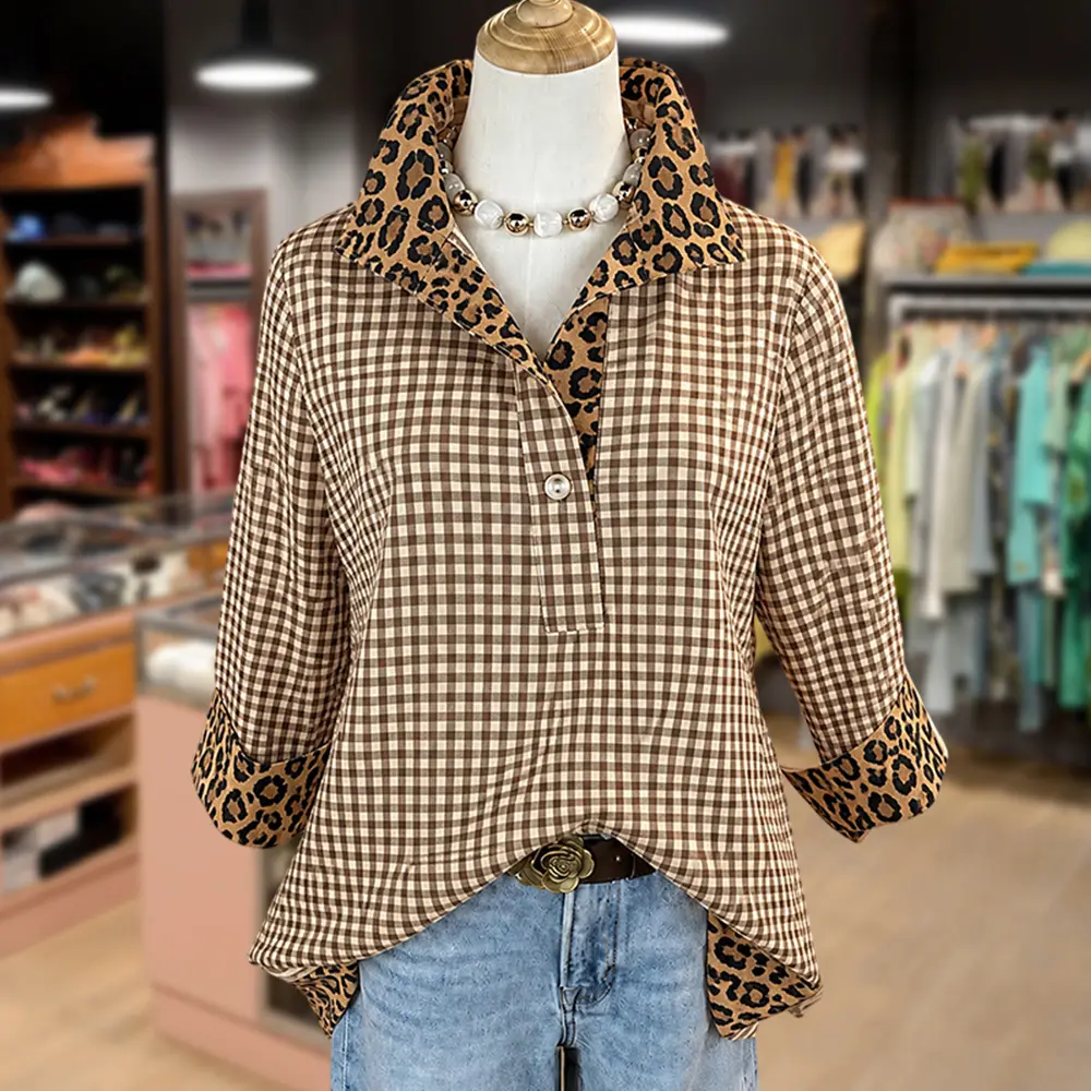 Cherrybetty Classic Gingham Pattern Leopard  Collar Three Quater Sleeve Blouse Going Out Tops Outfit Inspo Spring Fall Fashion Collared Womenswear