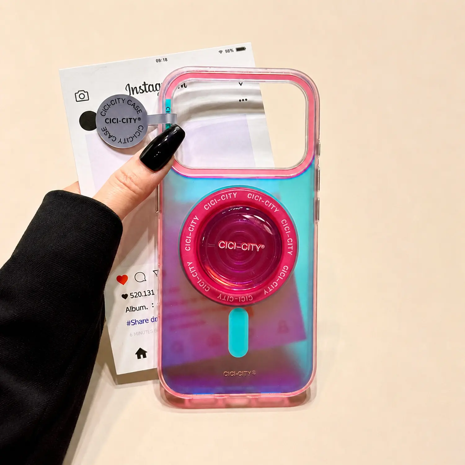 Magnetic Iridescent Holographic Phone Case for iPhone 17/16/15 Pro Max, MagSafe Compatible Glitter Color Changing Case with Removable Stand, Shockproof Protective Cover for Women & Girls