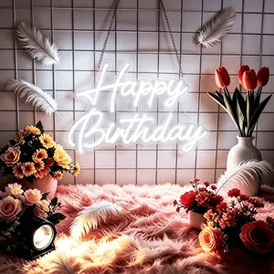 Large Happy Birthday LED atmosphere light sign, 17-inch personalized birthday party wall decoration bar carnival nightclub home decoration Christmas light gift (white)